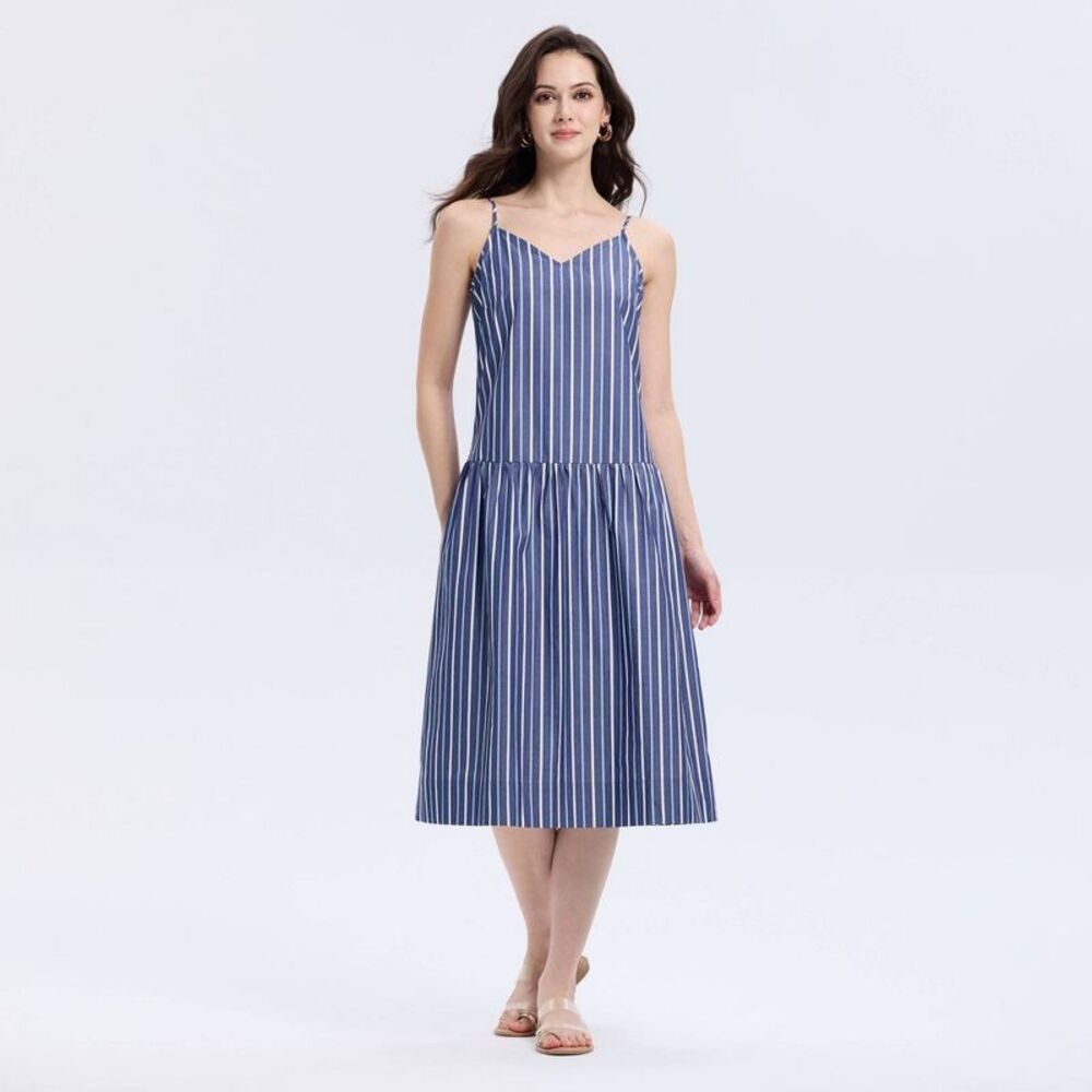 Women's Drop Waist Woven Midi Sundress - A New Day Blue Striped S